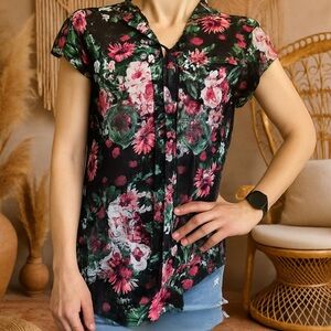 Siren Lily Dark Black Pink Dark Floral Blouse Tie Neck Size Small